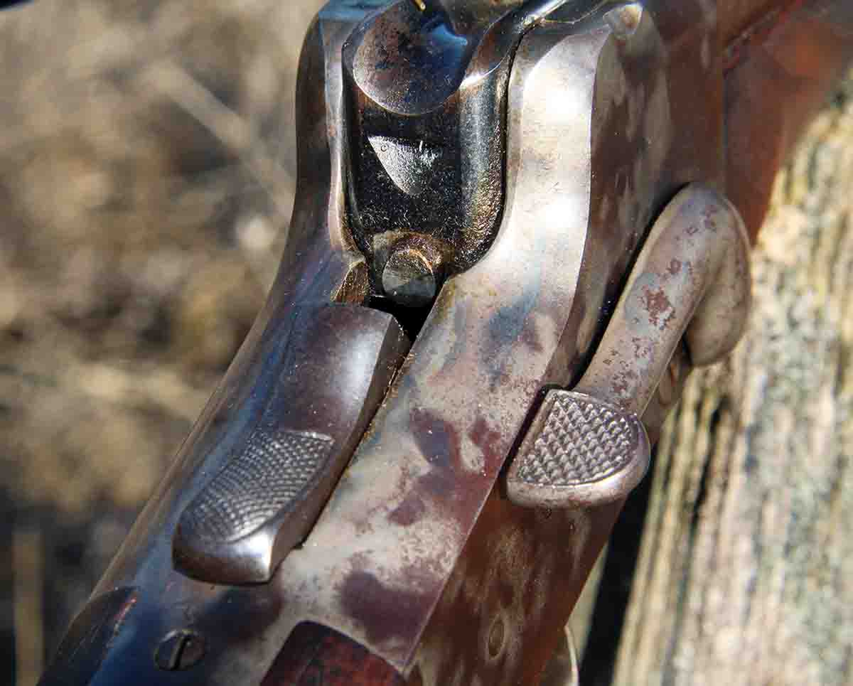 Both the hammer and side-thumb lever of the Remington Hepburn No. 3 rifle included well-defined knurling that made the rifle easy to operate.